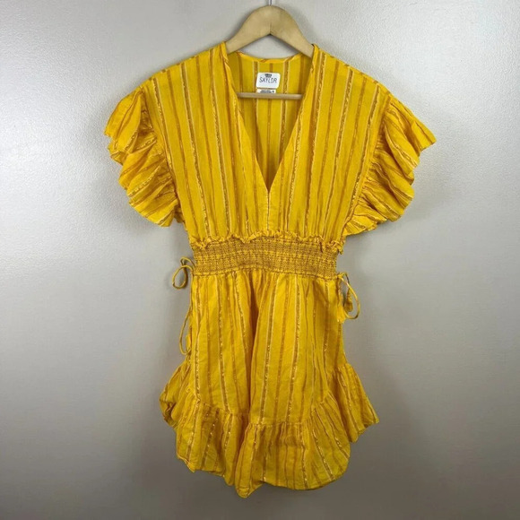 Saylor Adrianne Ruffle-Sleeve Mini Dress Size XS Yellow Stripes Smocked - Picture 2 of 10